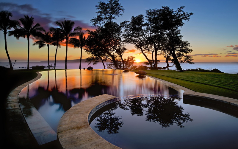 USA, Trees, Pool, Maui, 1080P, Hawaii, Sunset, Silhouettes