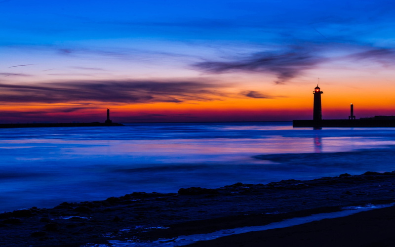USA, Beach, Lighthouse, 1080P, Orange, Sea, Night, Michigan, Sky, Sunset, Clouds, Blue