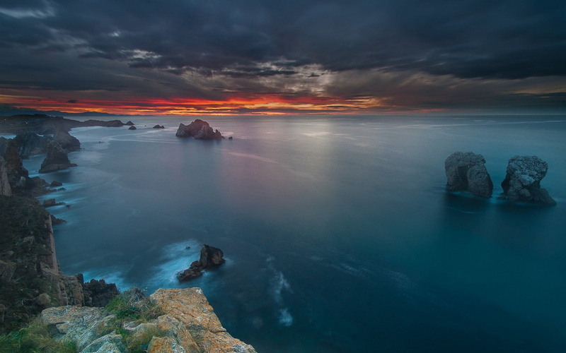 sunset, 720P, landscape, nature, coast, clouds, spain, sea, sky, calm, rock