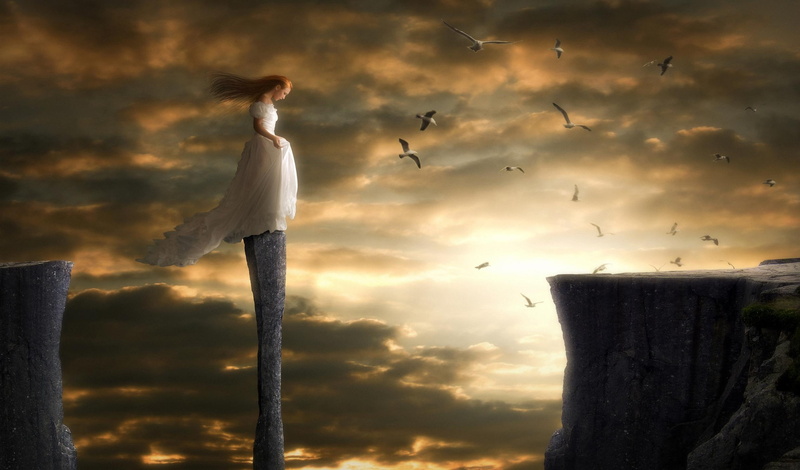 sunset, stuck, clouds, alone, lady, cliff, pillars, 3d and abstract, fantasy, 1080P