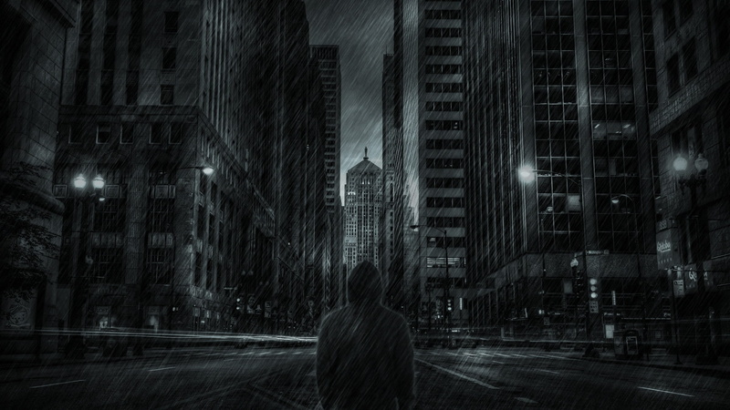 back view, skyscrapers, hoodie, man, 1080P, Men, dark mood, raining