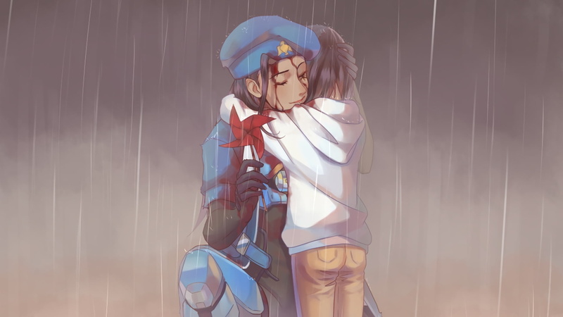holding, hugging, real people, young women, 1080P, front view, activity, outdoors, video games, illustration, lifestyles, one person, Ana (Overwatch)