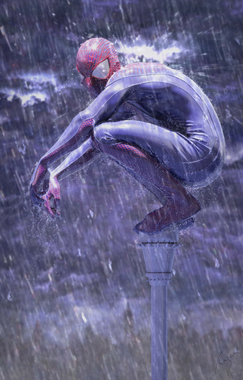 water, splashing, motion, one animal, 2K, adult, purple, celebration, rain, day, one person, Spider-Man, outdoors, selective focus, animal wildlife, bizarre