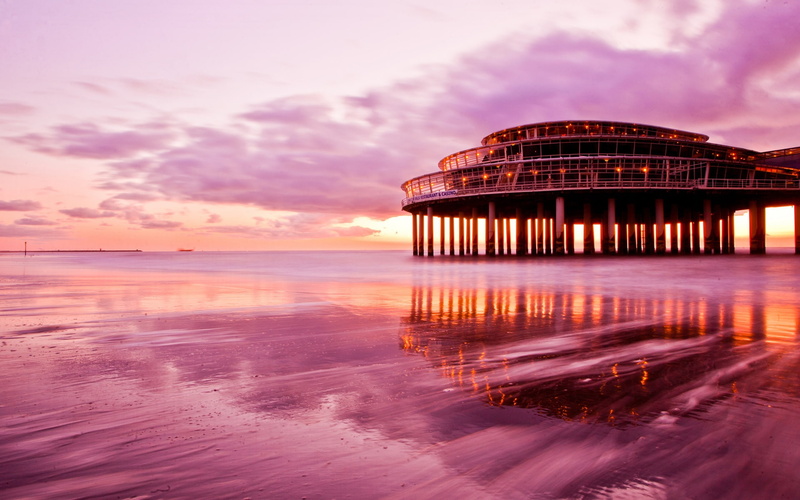 Building, Purple, Sea, Beach, Scenery, Sunset, 1080P, Sky