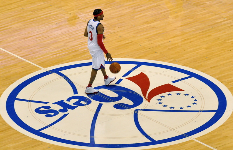child, high angle view, rear view, motion, wood, NBA, standing, healthy lifestyle, Philadelphia, men, Allen Iverson, leisure activity, hardwood floor, real people