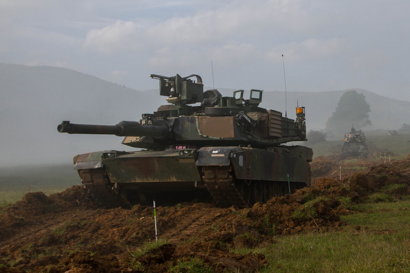 sky, gray, war, no people, armed forces, M1A2, armor, nature, tank, army, security, mode of transportation, 1080P, grass, field, mountain, Abrams, transportation
