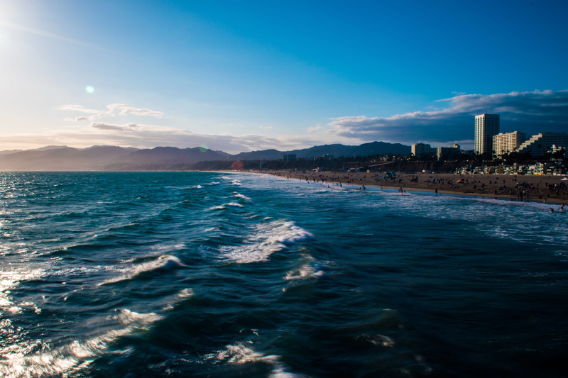 5K, cloud - sky, sea, sunlight, beauty in nature, set, skyscraper, idyllic, nature, pier, pacific, waterfront, no people, blue, architecture, built structure