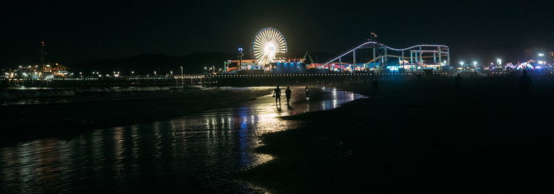 4K, beach, architecture, outdoors, silhouette, night, santa monica, reflection, built structure, santa monica pier, lights, nightlife, america, walk, amusement park ride