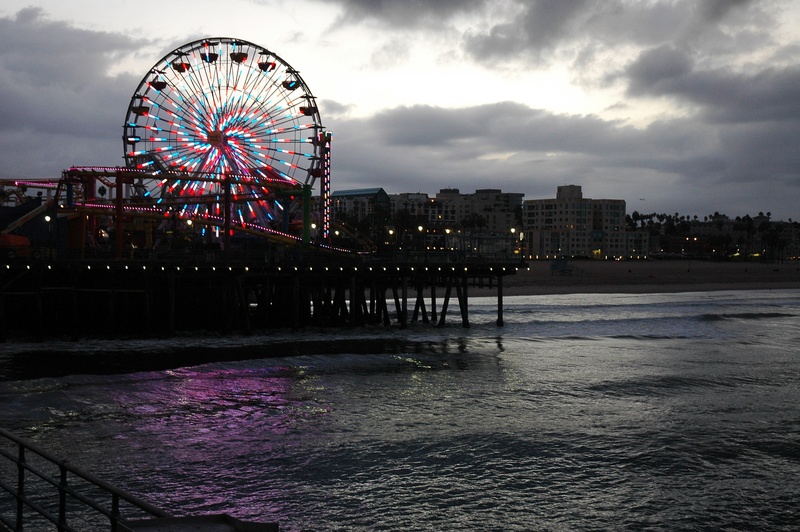 cloud - sky, amusement park, cityscape, sea, architecture, pier, outdoors, amusement park ride, sky, ocean, illuminated, building exterior, water, california