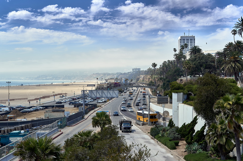 cloud - sky, united states, building, building exterior, bridge - man made structure, transportation, coast, ocean, beach, skyscraper, cityscape, multiple lane highway