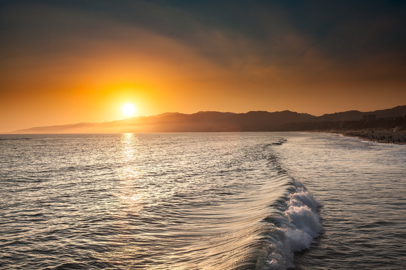 coastline, santa monica, beach, land, sunset, water, sunlight, outdoors, wave, orange color, 5K, summer, scenics, sunrise - Dawn, dusk, sun, mountain