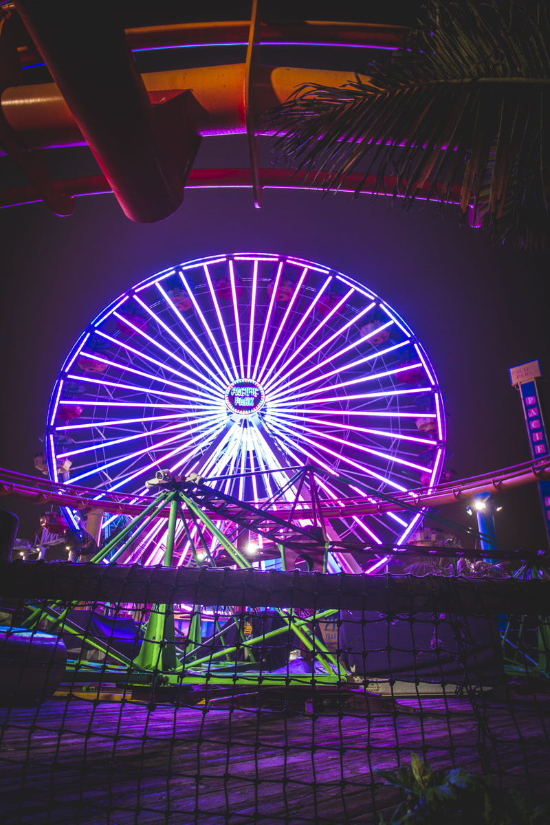 no people, lights, shape, outdoors, ferris wheel, wheel, santa monica pier, spinning, glowing, santa monica, illuminated, nightlife, enjoyment, 5K, long exposure