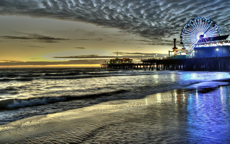 1080P, pier, monica, beach, santa, nature and landscapes, dusk, oier, amusementr park