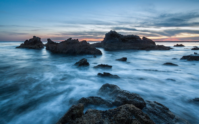 Stones, Sunset, Ocean, USA, Beach, Blue, California, 1080P