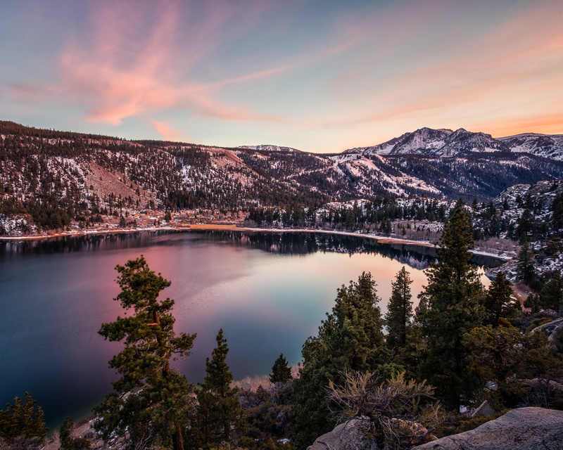 mountain, Sunset  California, 4K, Snow, June Lake, 32-bit, sunset, june, forest, Sierra Nevada, HDR, Sierras, tree, photo, Dusk, Loop, outdoors, water