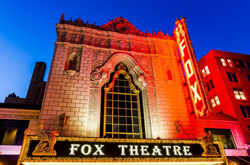 exterior, architecture, sign, famous, building, clear sky, arts district, fox, red, low angle view, performing arts, siamese byzantine, history, no people