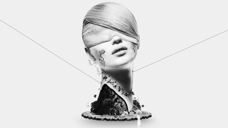 digital composite, young adult, artwork, human face, profile, abstract, females, indoors, one person, beautiful woman, female, hairstyle, white background