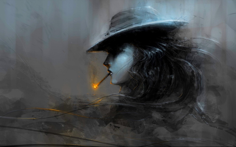 woman, fire, smoking, black and white, 3d and abstract, cigarette, profile, portrait, girl, 1080P, hat, painting