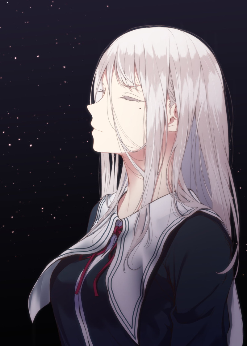 anime, indoors, red, abstract, beauty, close-up, 720P, side view, profile view, headshot, white hair, adult, young adult, one person, black background