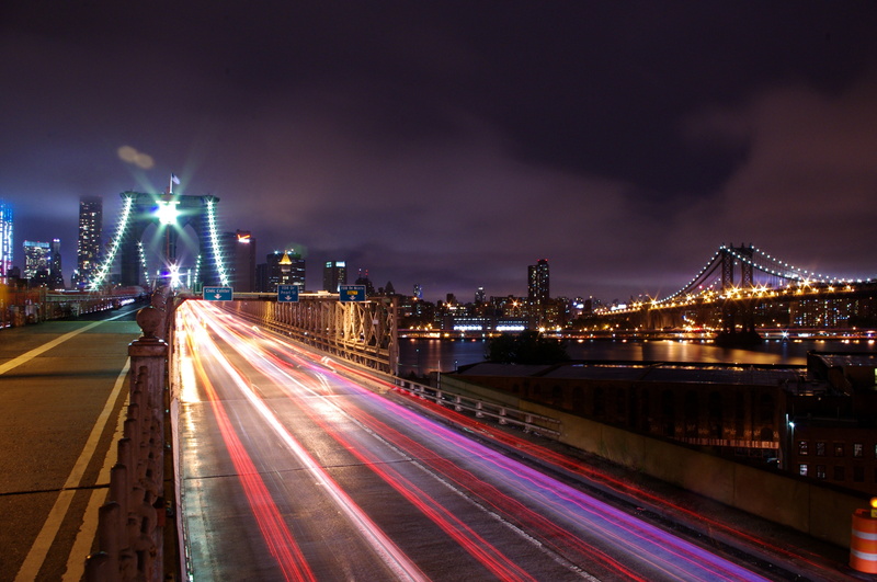 bridge - man made structure, night, transportation, skyscraper, sky, building exterior, New York City, outdoors, built structure, no people, city life