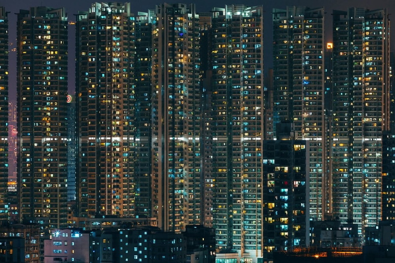 illuminated, window, tower, blue, modern, city, tall - high, architecture, built structure, apartment, skyscraper, outdoors, nightlife, night, building