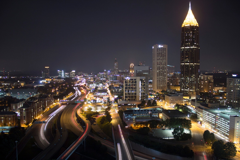5K, long exposure, built structure, lights, road, night, architecture, tall - high, transportation, city life, wooden, high angle view, modern, skyscraper