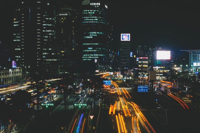 lapse, illuminated, road, modern, car, financial district, driving, sign, photography, no people, night, light trail, nighttime, 4K, building exterior