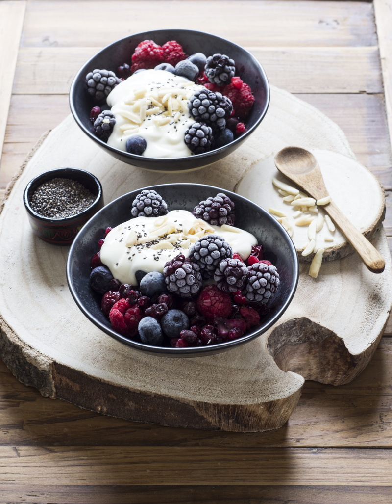 eating utensil, kitchen utensil, dessert, diet, fruit, raspberries, ready-to-eat, still life, frozen, healthy liveliness, almonds, berry fruit, no people