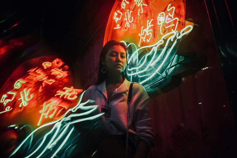 nightlife, looking away, vibrant, front view, teen, lifestyles, night, light - natural phenomenon, bkk, light, vibrant color, casual clothing, contemplation