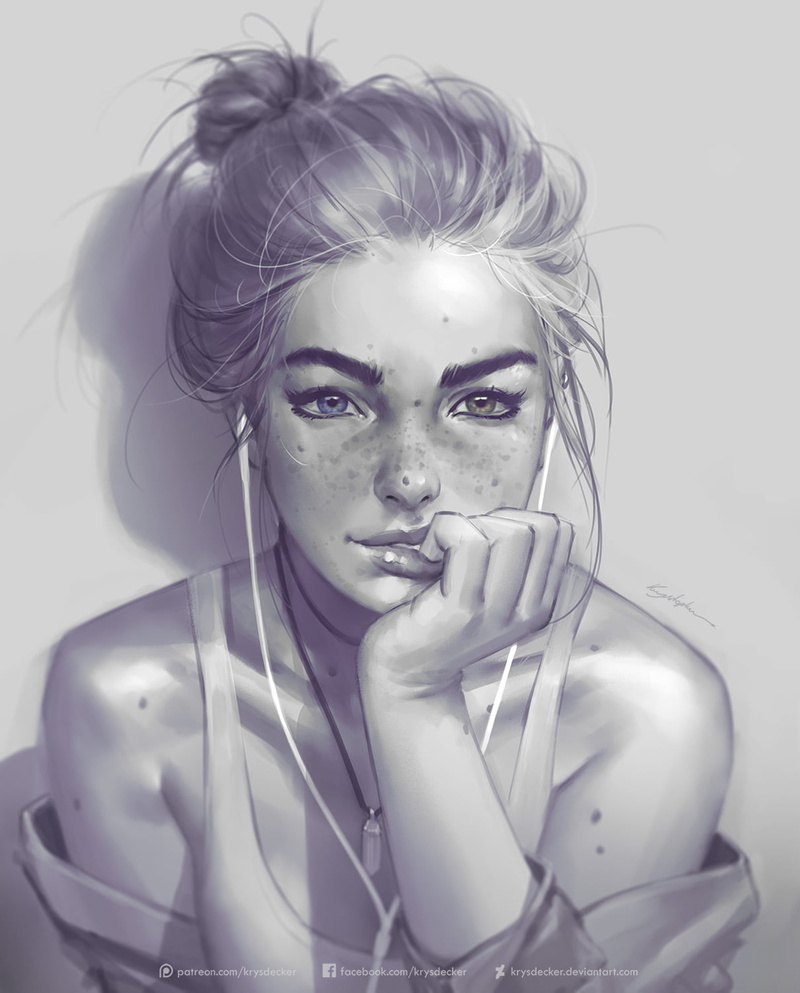 portrait, heterochromia, freckles, Krys Decker, drawing, 720P, artwork, portrait display, face, Krystopher Decker, adult, hairstyle, fashion, necklace
