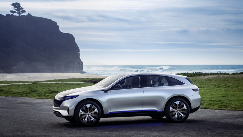 vehicle, grass, mountain, 4k, concept, distant, grey, sports, utility, field, body, road, silver, water, near, Mercedes Generation EQ, green, electric cars