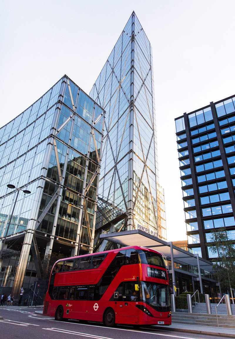 modern, street, road, office building exterior, urban, vehicle, nature, building, day, 5K, no people, decker, bus, clear sky, low angle view, double, mode of transportation