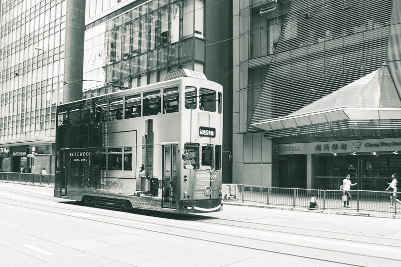 photo, double, architecture, business, white, railway, hong kong, incidental people, day, decker, tram lines, double decker tram, building exterior, train