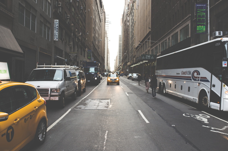downtown, building exterior, walking, busy, day, mode of transportation, town, two, building, taxi, city street, public transportation, motor vehicle, 5K