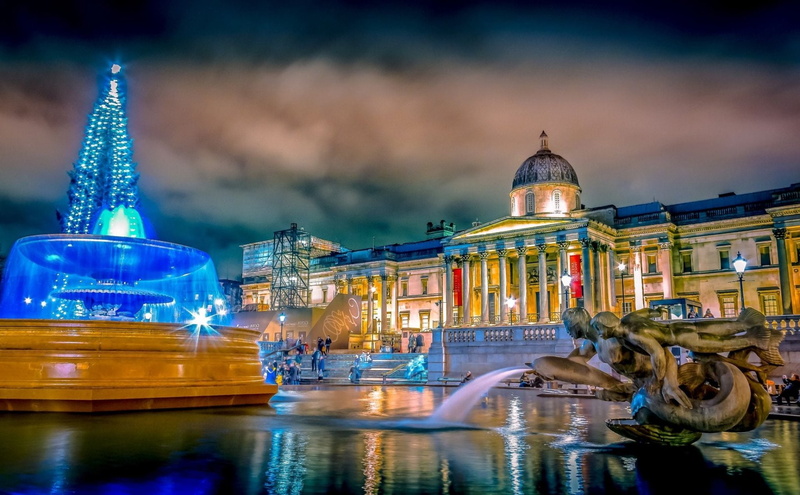 Man Made, 1080P, Fountain, Trafalgar Square, Light, City, Night, London