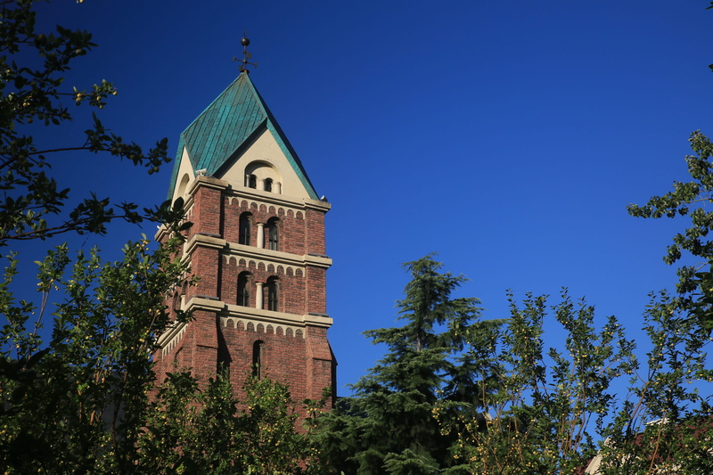 low angle view, tower, religion, tianjin, clock tower, spirituality, built structure, 4K, clear sky, architecture, belief, fifth avenue, spire, tree, blue