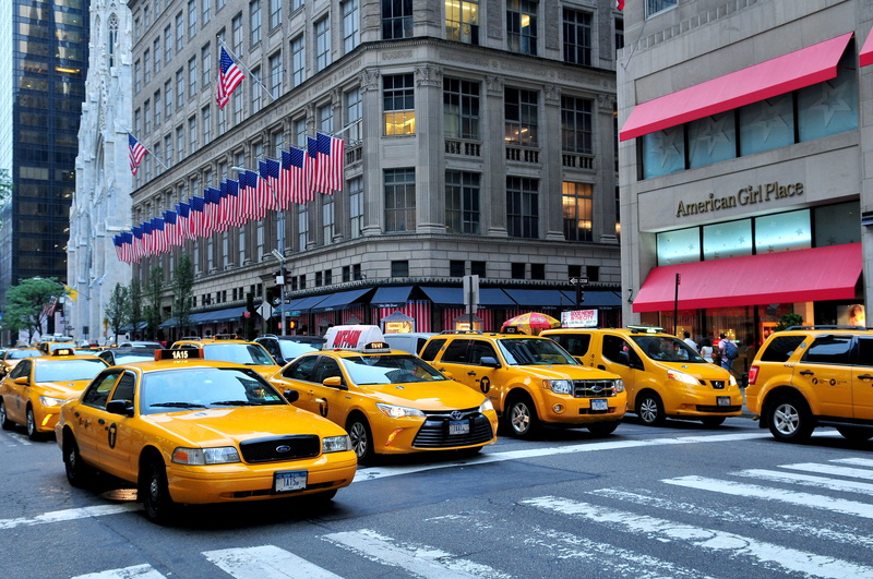 nyc, america, city, office building exterior, new york city, motion, 4K, 5th avenue, taxi, yellow taxi, city street, urban, building, built structure