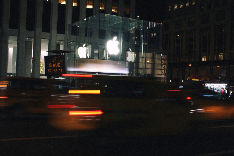 no people, outdoors, speed, motion, apple fifth avenue, street, apple, mode of transportation, built structure, illuminated, road, architecture, united states