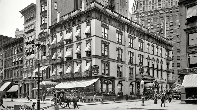 architecture, street, city, building, incidental people, downtown, 1908, outdoors, group of people, black and white, lifestyles, road, building exterior