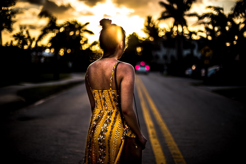 summer, direction, 4K, road, one person, street, lifestyles, warm, women, canon, real people, hairstyle, clothing, dress, city, florida, rear view, beauty