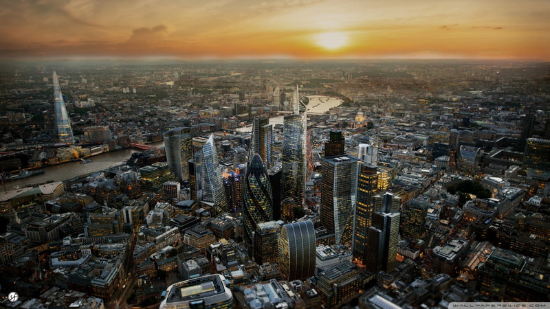 aerial view, travel destinations, 1080P, crowd, sky, cloud - sky, high angle view, urban skyline, London, sunset, financial district, built structure