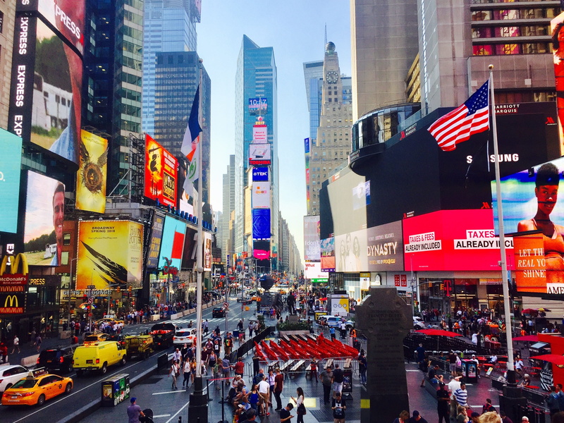 office building exterior, modern, outdoors, times square, skyscraper, flag, walking, building exterior, pole, new york city, usa, 2K, crowd, transportation