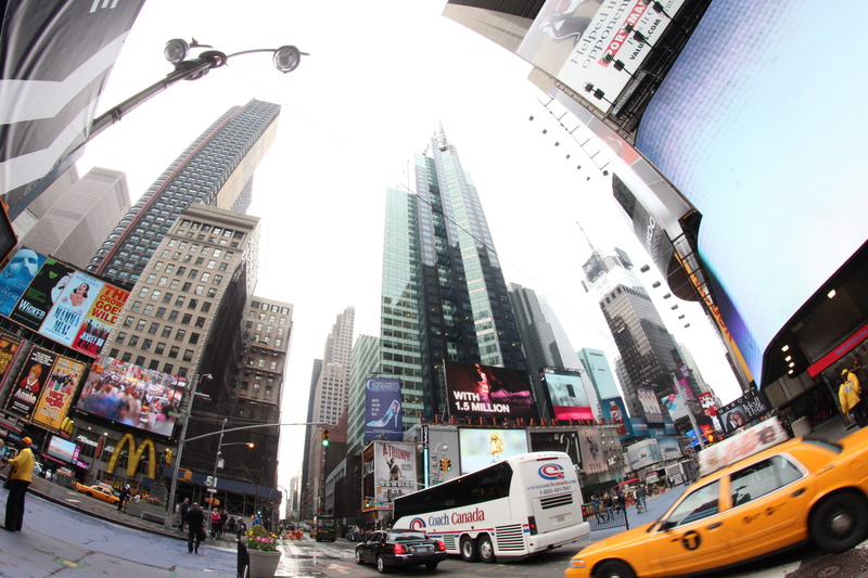 yellow Taxi, building, travel Destinations, fish eye, billboard, times Square - Manhattan, motor vehicle, building Exterior, New York, cityscape, mode of transportation