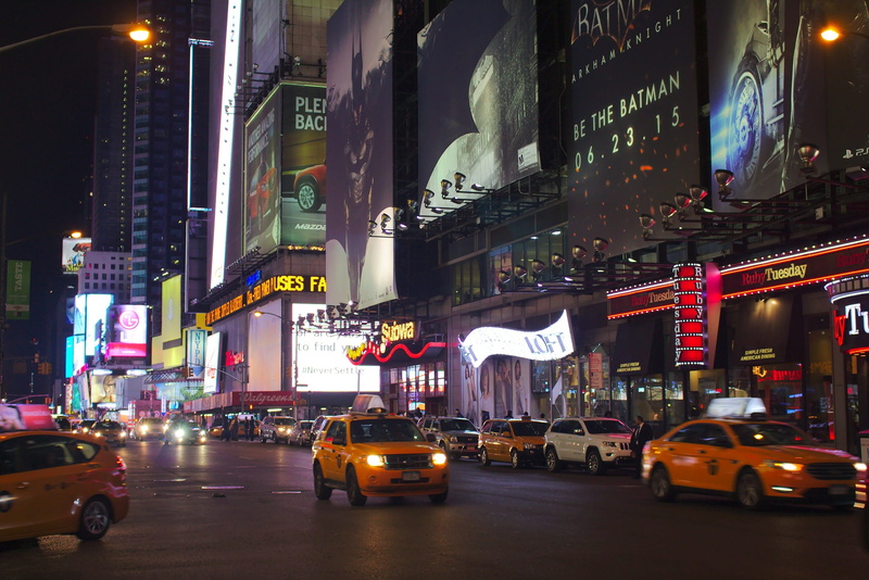 new, cab, neon, traffic, billboards, building, office building exterior, travel, street, ads, passing on, modern, skyscraper, billboard, taxi, york, car