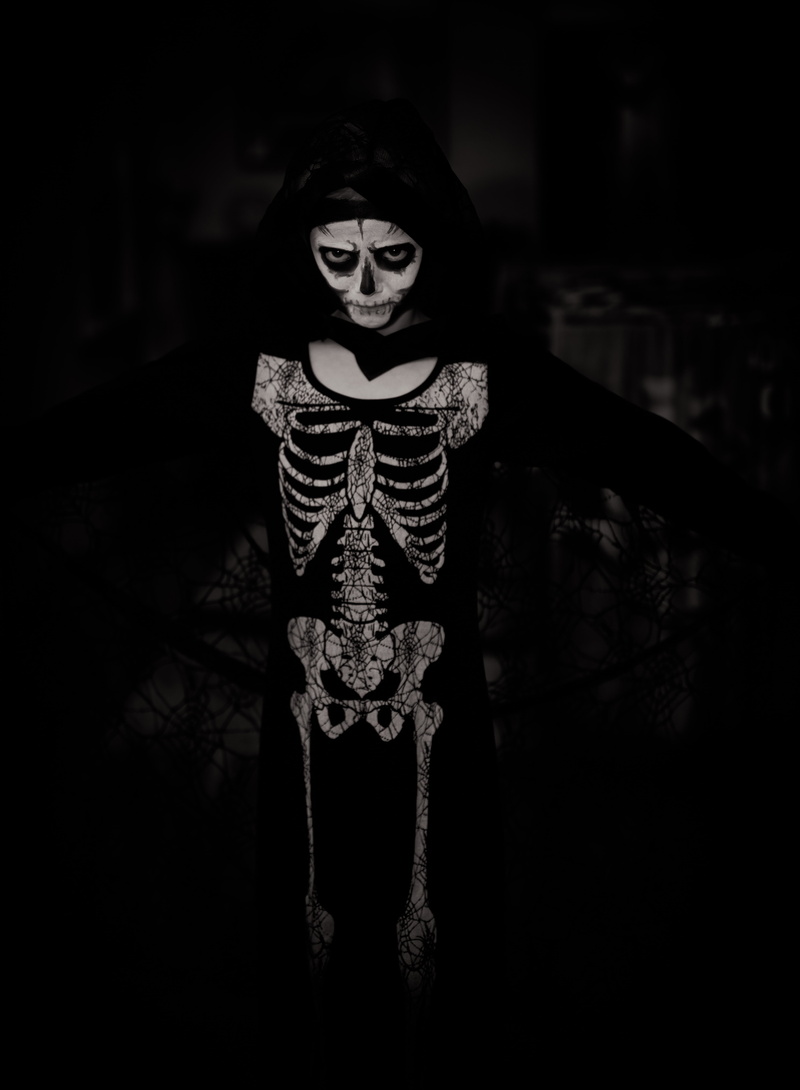 human skeleton, evil, front view, indoors, child, fear, dark, black, women, skeleton, bw, emotion, white, innocence, celebration, offspring, night, childhood