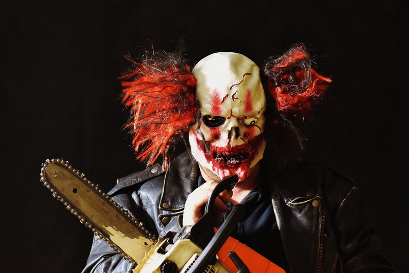 4K, clown, stage costume, portrait, holding, dressing up, spooky, dyed red hair, males, adult, circus, mask, looking at camera, mature men, gray, person