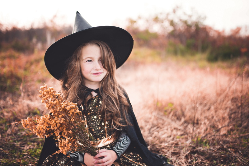 hair, black, witch, hairstyle, outdoors, nature, autumn, portrait, looking at camera, women, standing, costume, 5K, plant, smiling, brown, girl, one person