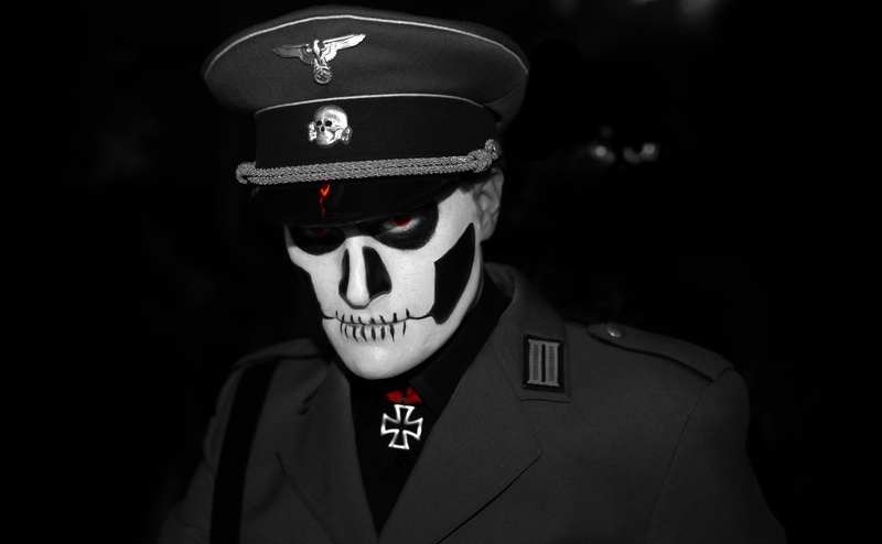 clothing, studio shot, Zombies, emotion, government, mask, obscured face, Holidays, dark, uniform, adult, men, Halloween, portrait, headshot, costume, one person