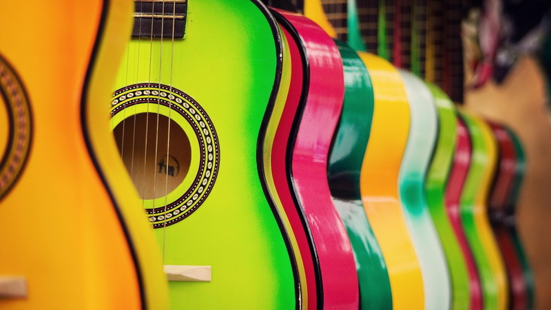 colorful, sale, 4K, guitar, instruments, shop