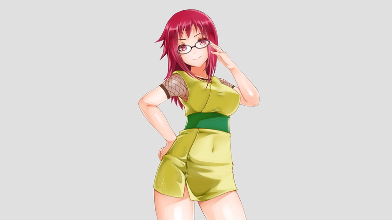 studio shot, hairstyle, Naruto, looking at camera, portrait, shorts, one person, lifestyles, Anime, young adult, Karin (Naruto), adult, indoors, clothing